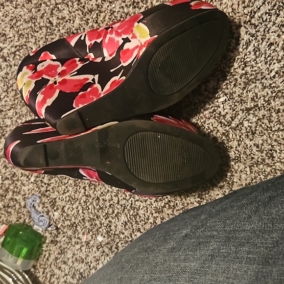 ELLE black Floral platform wedge Synthetic Black Pink satin high heels size 9 - Picture 4 of 6